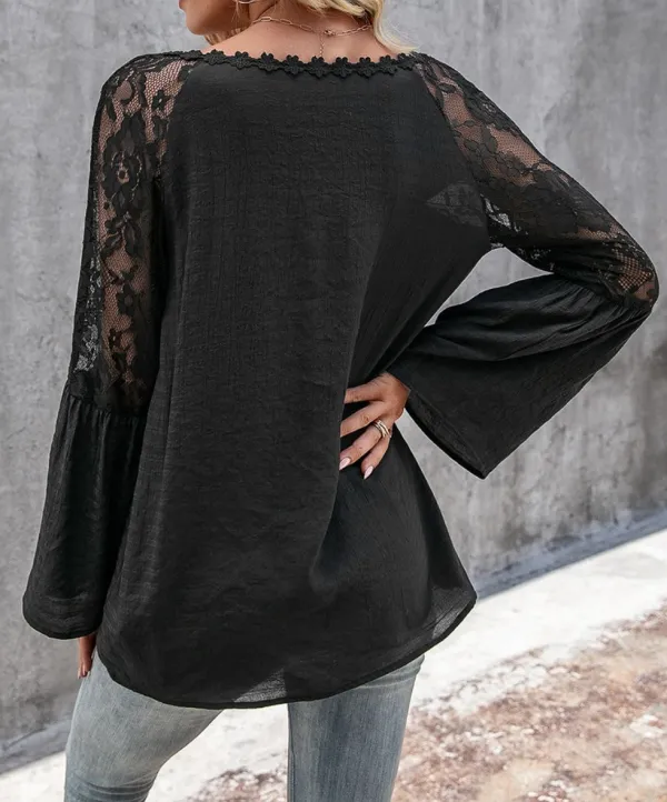 V-Neck Spliced Lace Flare Sleeve Top