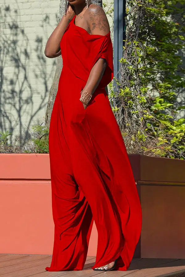 Solid Color Harem Asymmetric Neck Pant Set