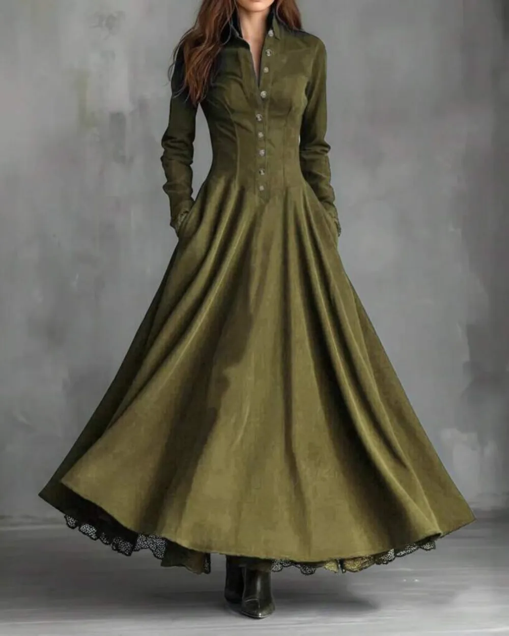 Vintage Faux Suede Lace Trim Shirt Maxi Dress
