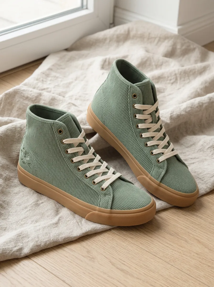 Women's Sage Green Corduroy Floral Embroidered High Top Sneakers