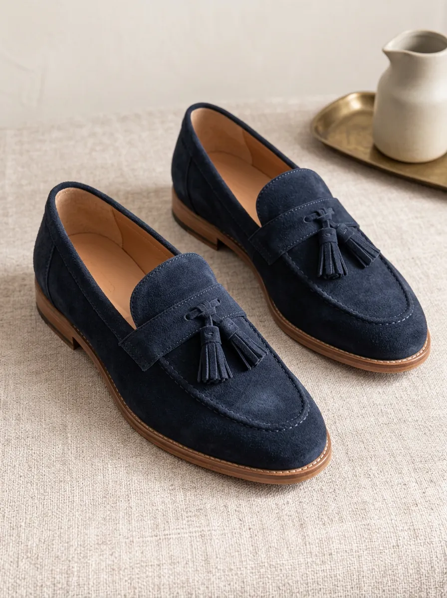 Unisex Navy Blue Suede Tassel Loafers Shoes