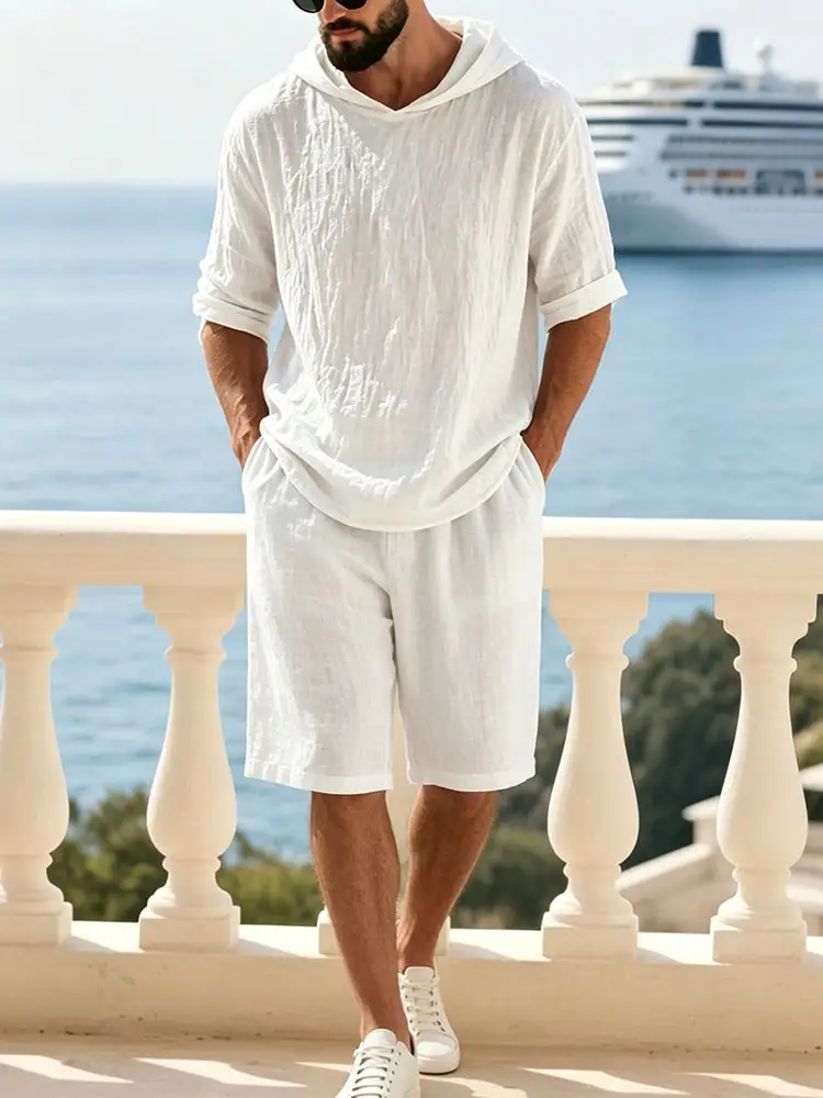 Washed Cotton Linen Hoodie Short Two Piece Set