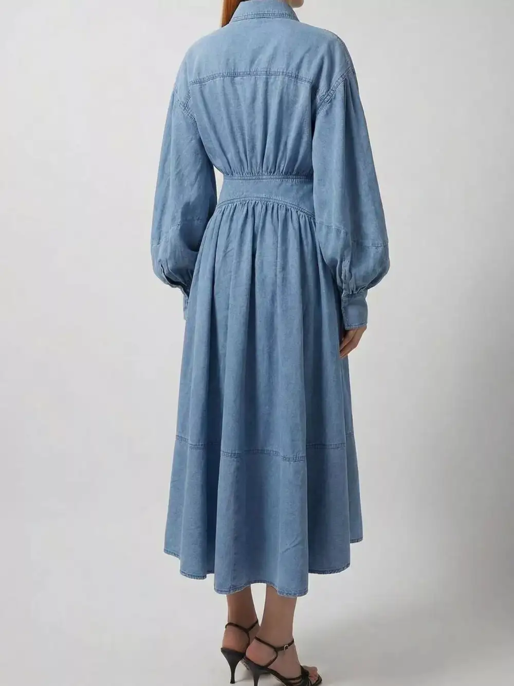 Wrap Front Long Sleeve Belted Denim Dress