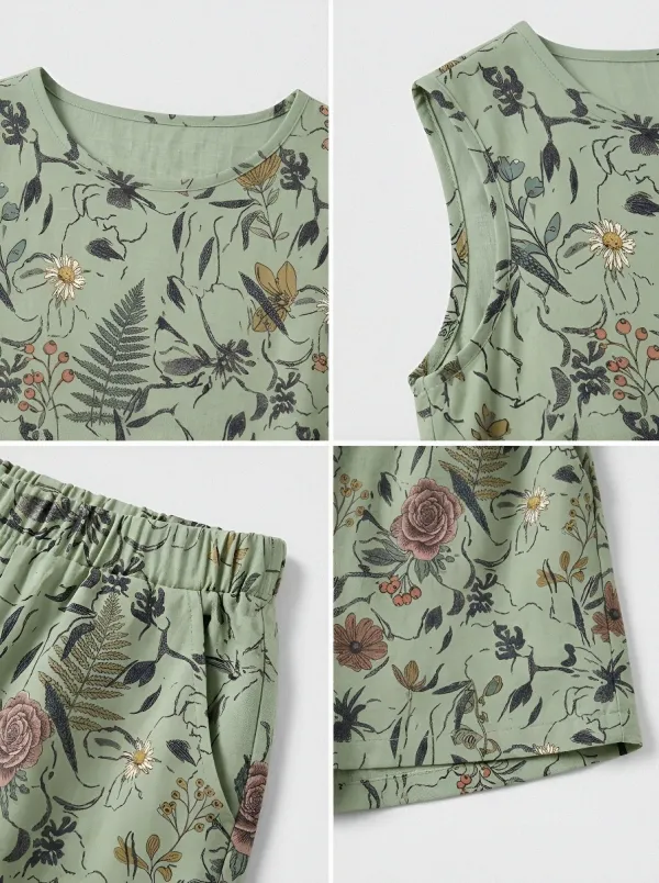 Women's Botanical Floral Sage Green Printed Sleeveless Set