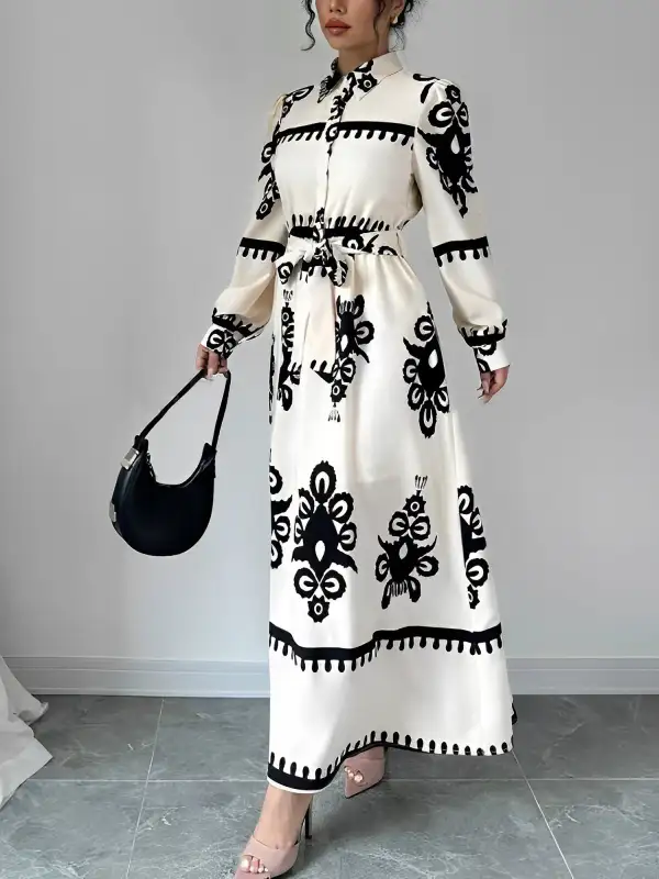 Lantern Long-Sleeve Collar Boho-Print Maxi Dress