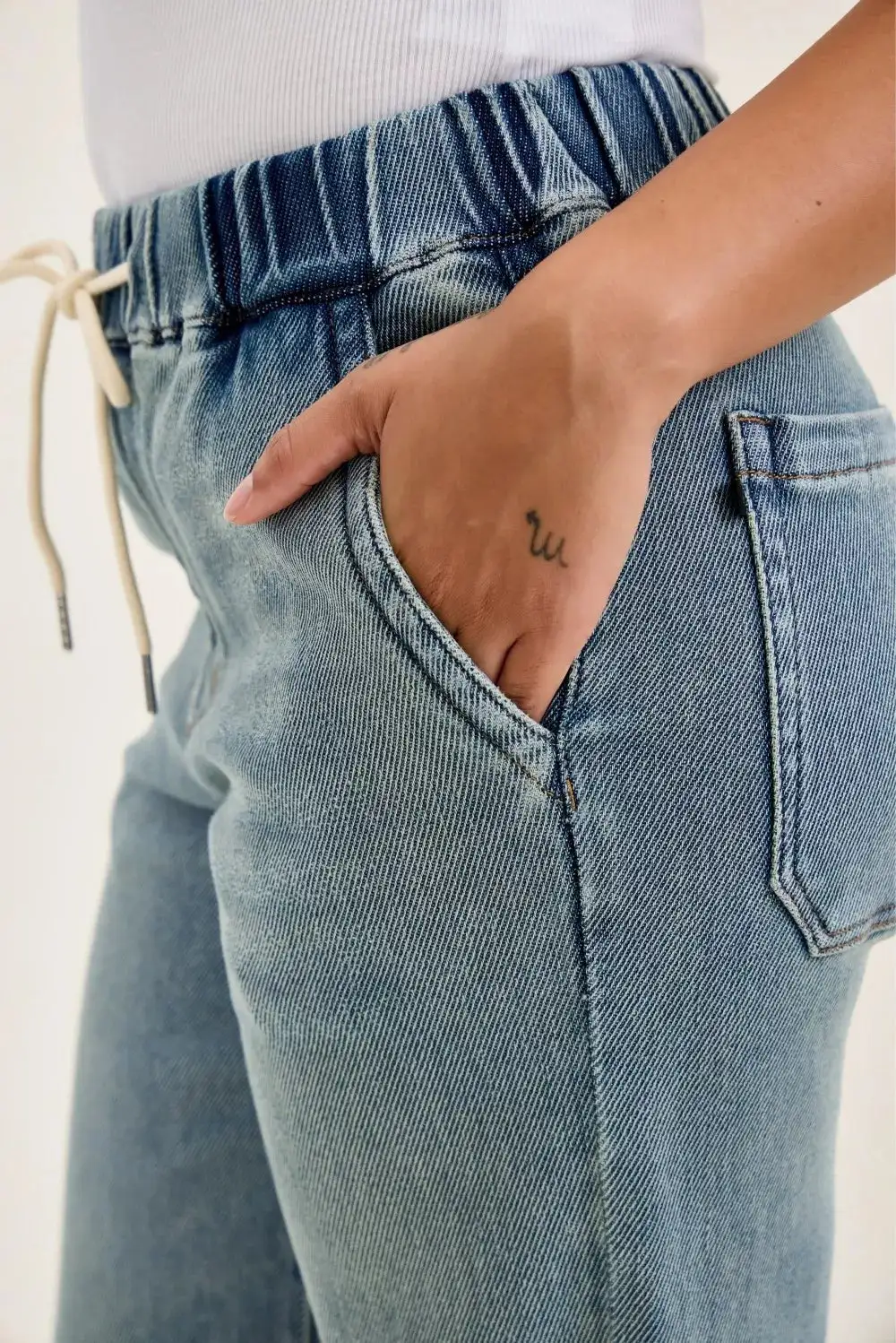 Denim Wide Leg Relaxed Fit Drawstring Jeans