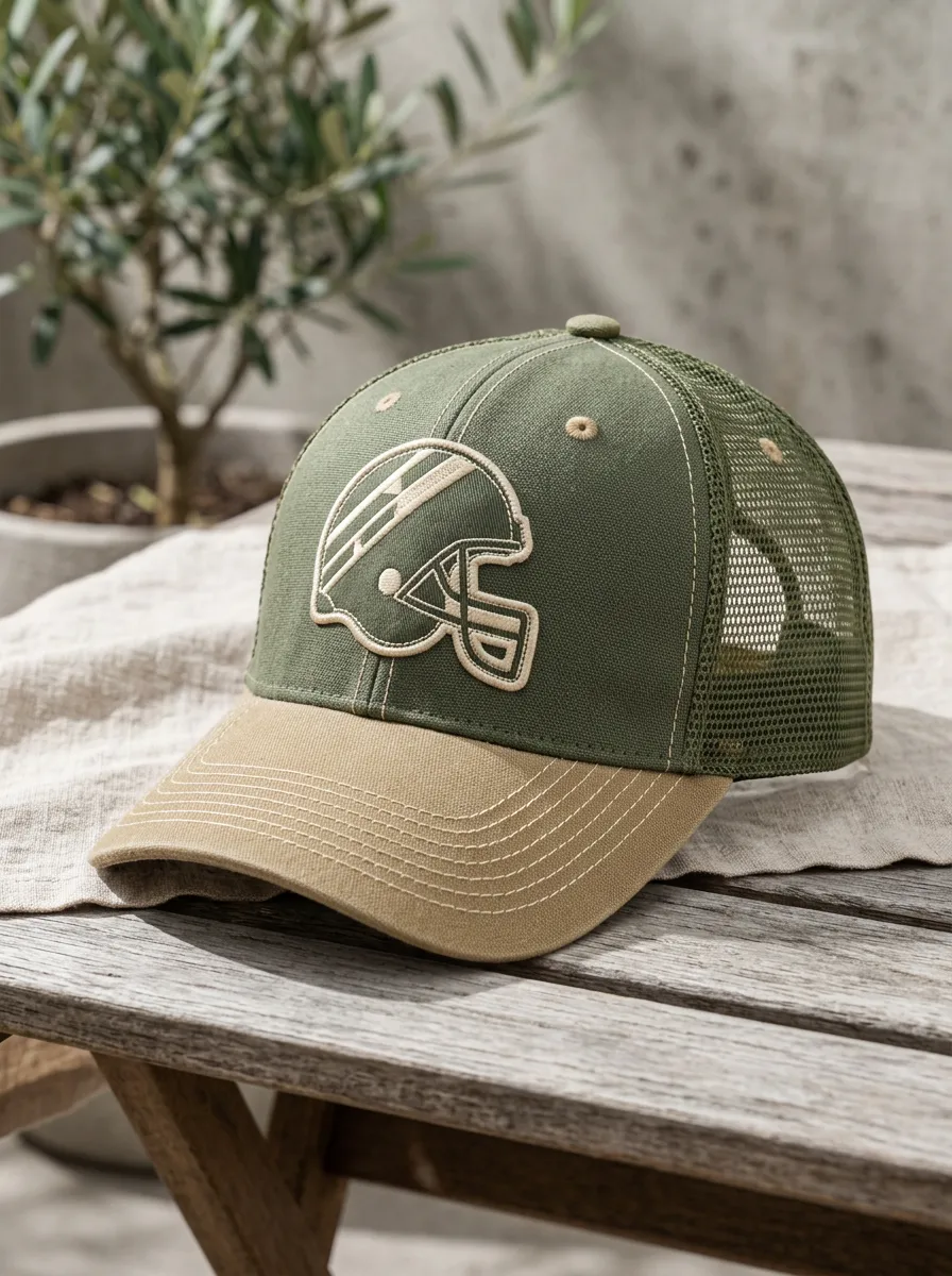 Men's Football Fan Olive Green Helmet Embroidered Mesh Trucker Cap