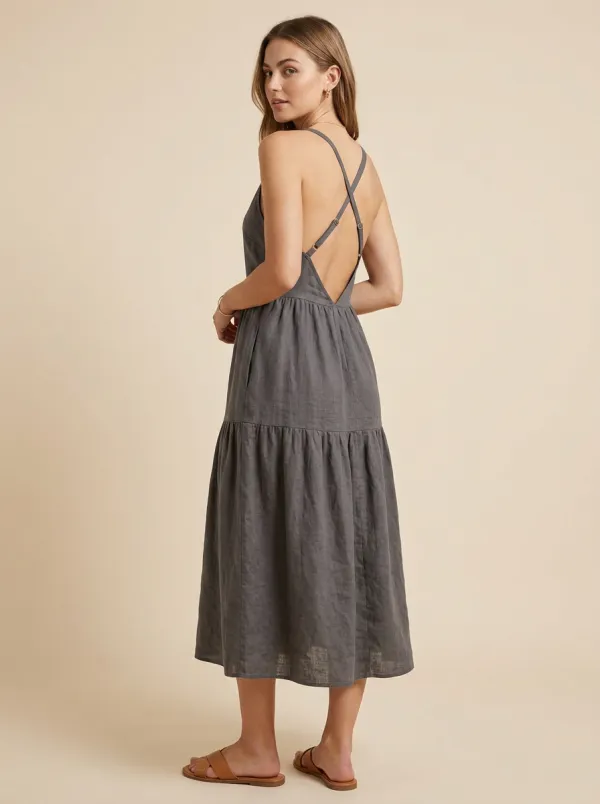Women's Casual Tiered Linen Midi Backless Dress