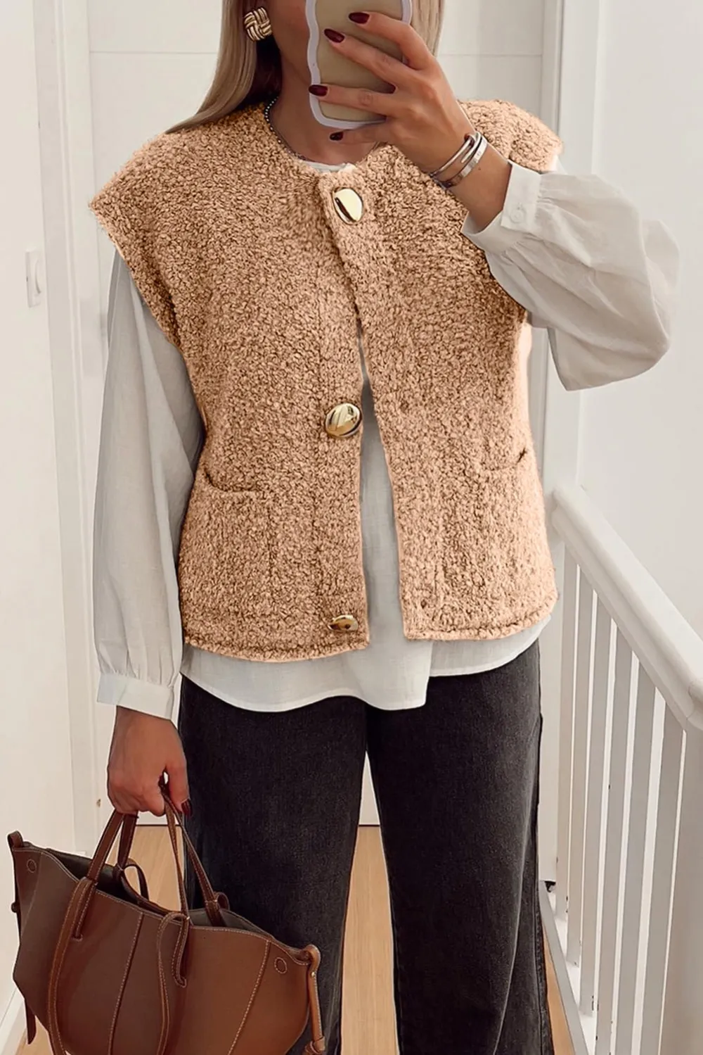 Big Button Fuzzy Pocket Vest