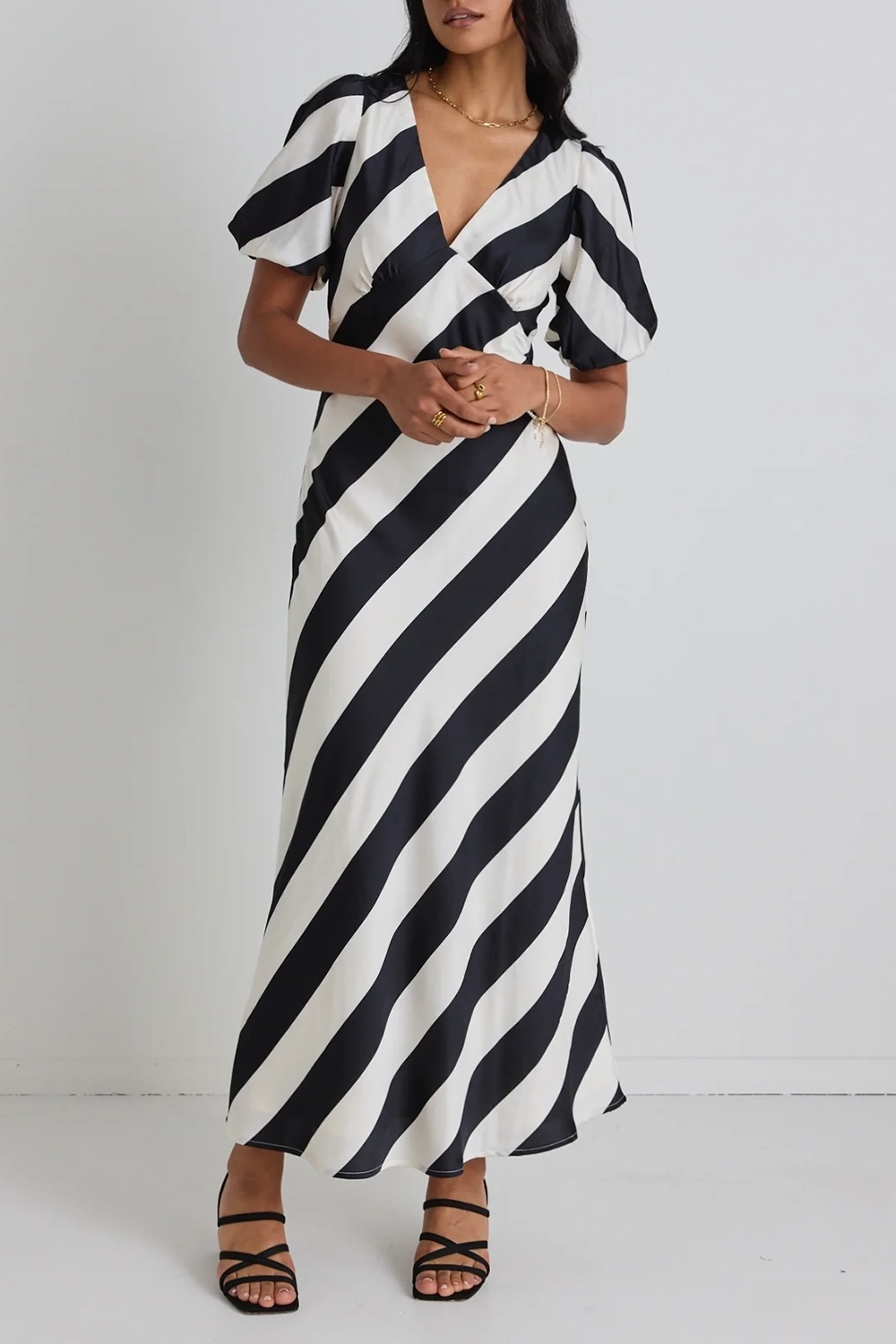 Striped V - Neck Short - Sleeve Maxi Dress