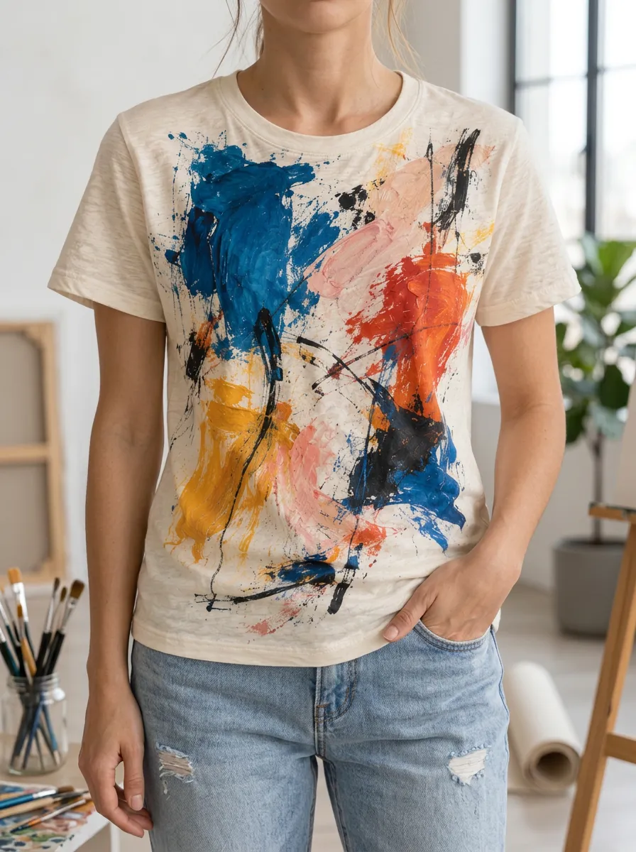 Women's Dynamic Abstract Art Lover Colorful Paint Splatter Crew Neck T-Shirt