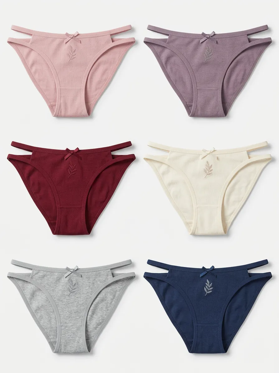 Women's Six-Pair Ribbed Leaf Embroidered Bow Brief Set