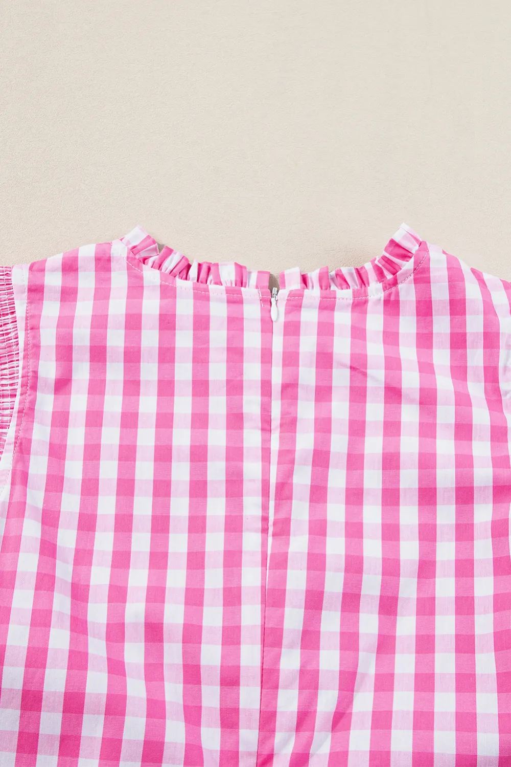 Rose Red Checkered Ruffled Sleeve Blouse