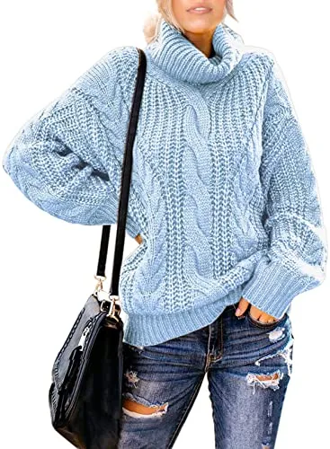Womens Turtle Cowl Neck Solid Color Soft Comfy Cable Knit Pullover Sweaters S-2XL