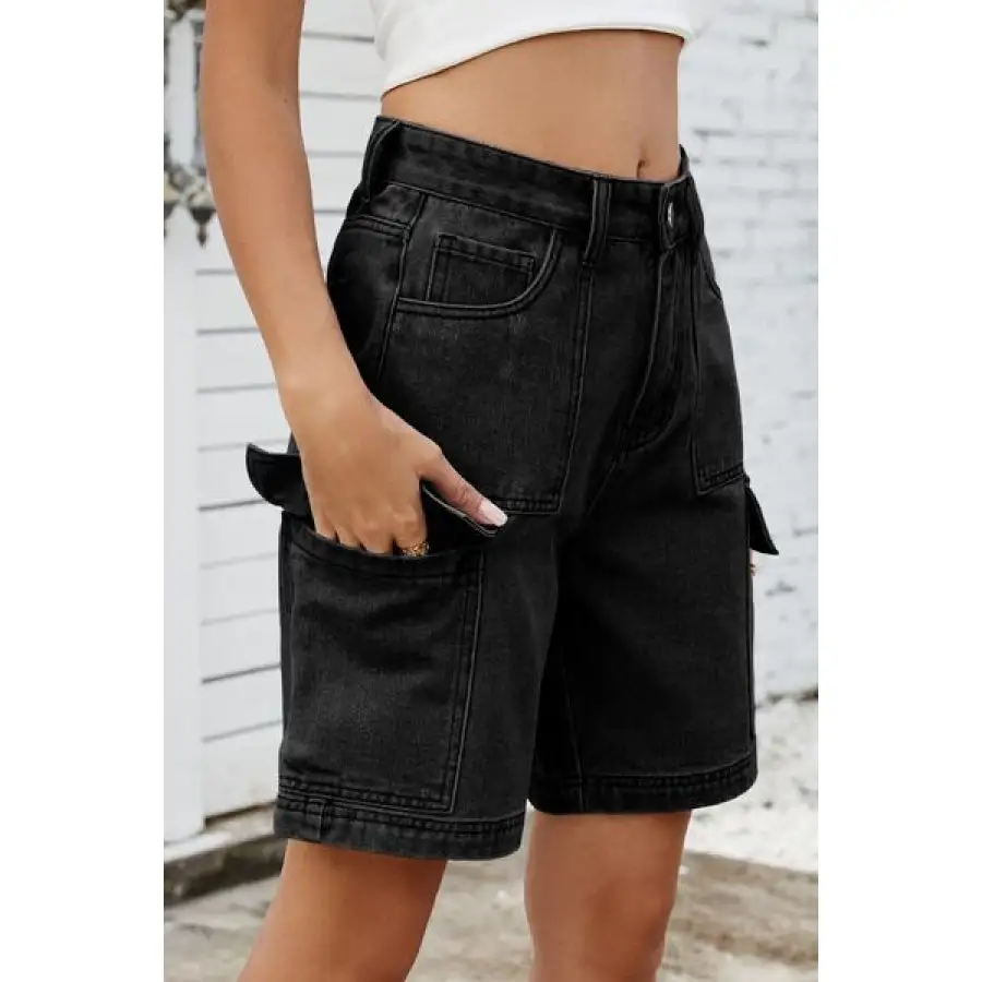 High Rise Pocketed Cargo Denim Shorts