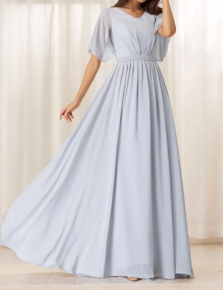 Classic Chiffon Fit And Flare V Neck Maxi Dress