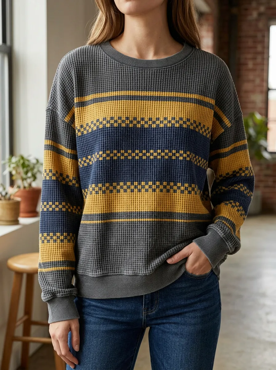 Women's Striped Geometric Pattern Printed Waffle Knit Crewneck Sweatshirt