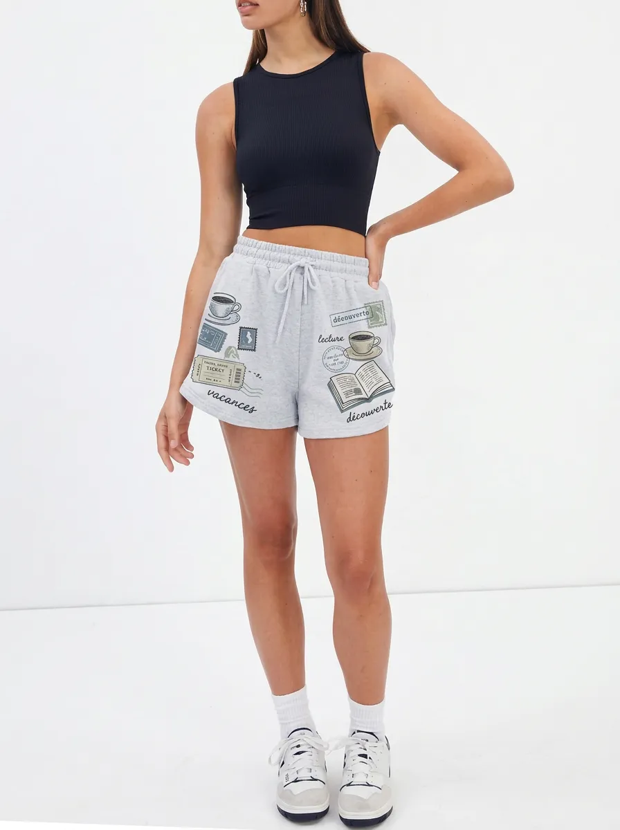 Women's Travel Book Coffee Lover Stamp Printed Shorts