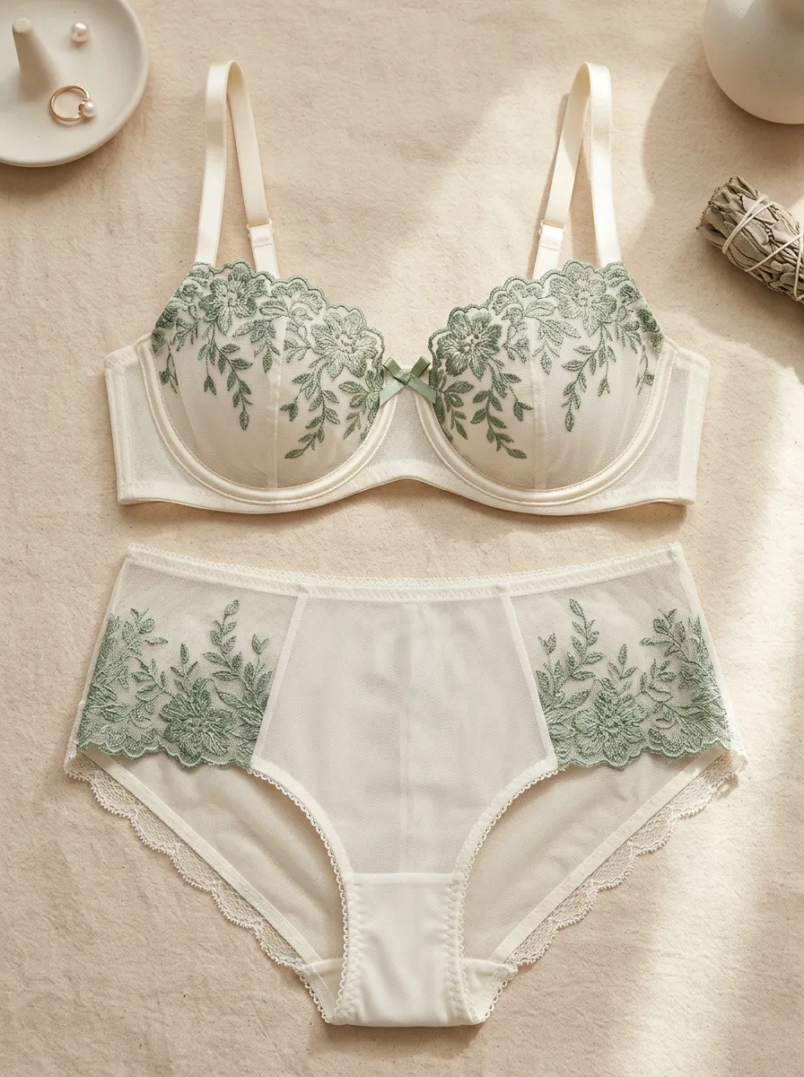 Women's Floral Embroidery Mesh Lace Lingerie Set