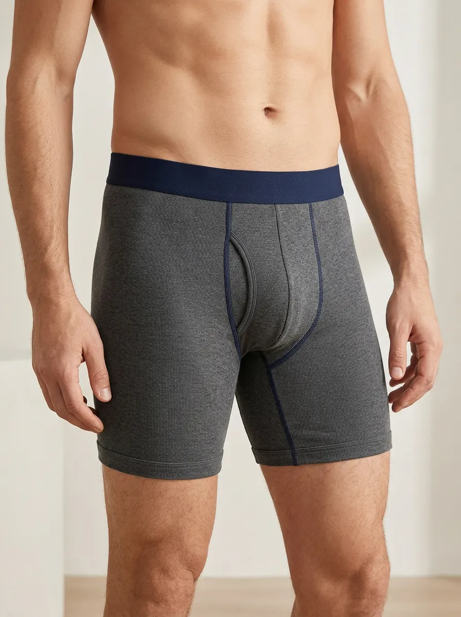 Breathable-Look Ribbed Contrast-Stitch Core Style Men's Boxer Briefs