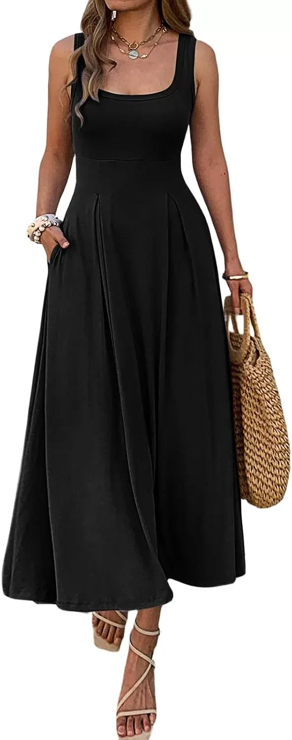 Women’s Summer Sleeveless Empire Maxi Dress Square Neck A-Line Pleated Flowy Elegant Casual Dresses with Pockets