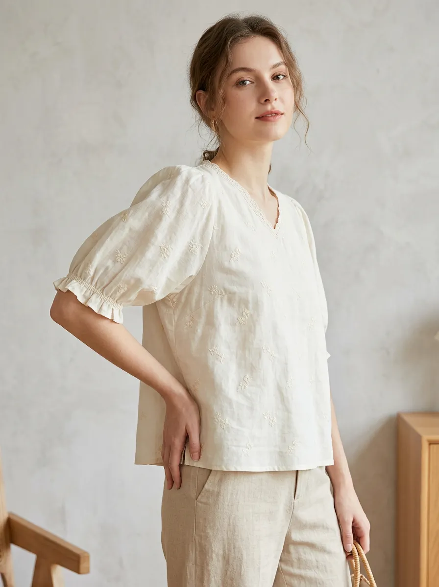 V-Neck Women's Puff-Sleeve Blouse