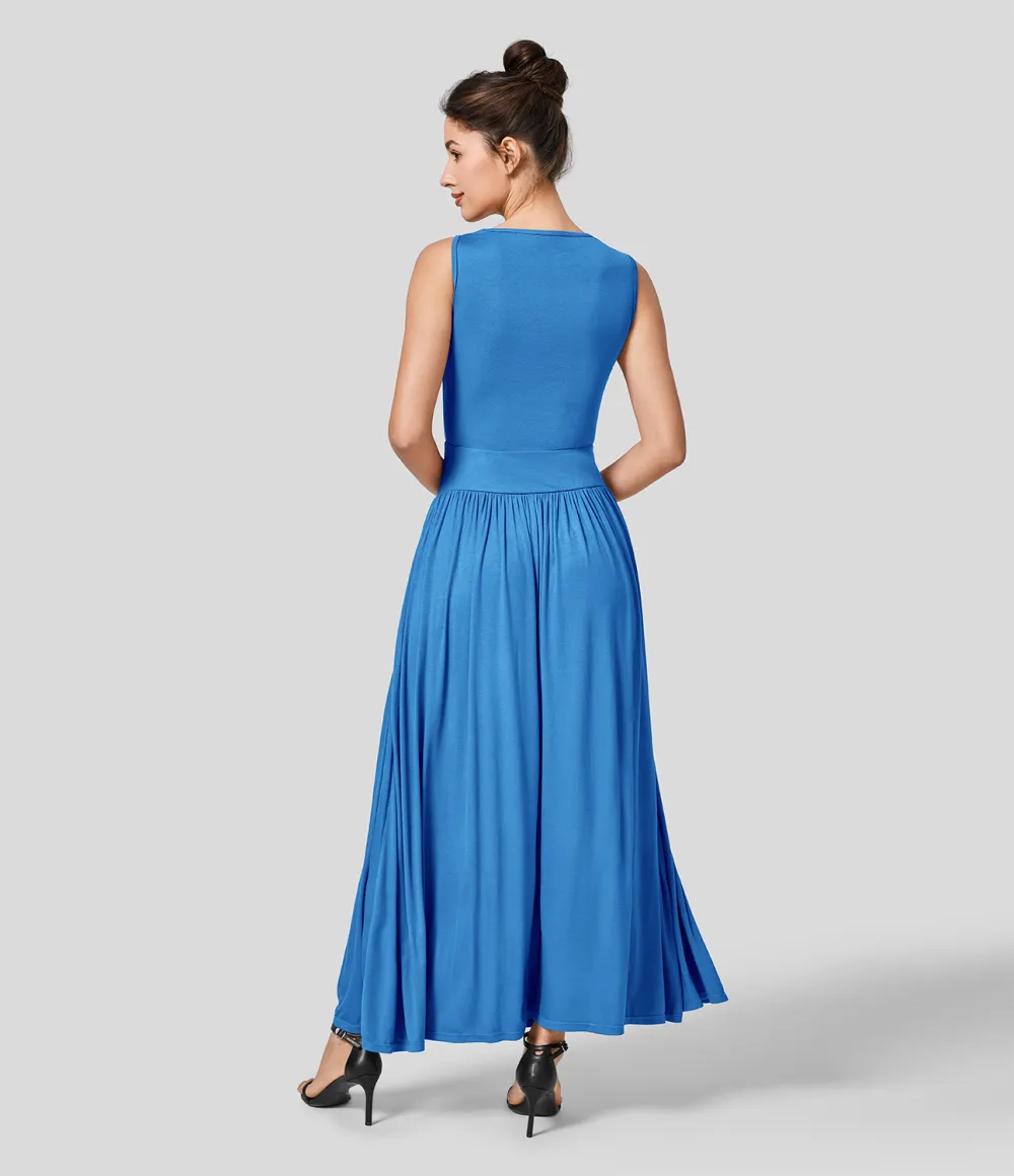 Ribbed Boat Neck Ruched Side Pocket Flowy Maxi Casual Dress