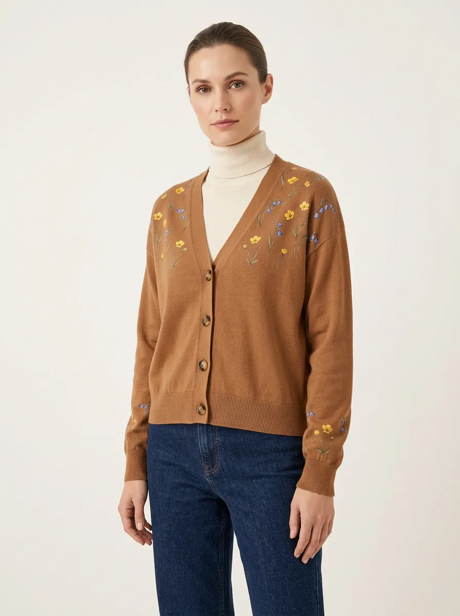 Women's Floral Embroidered V-Neck Cardigan