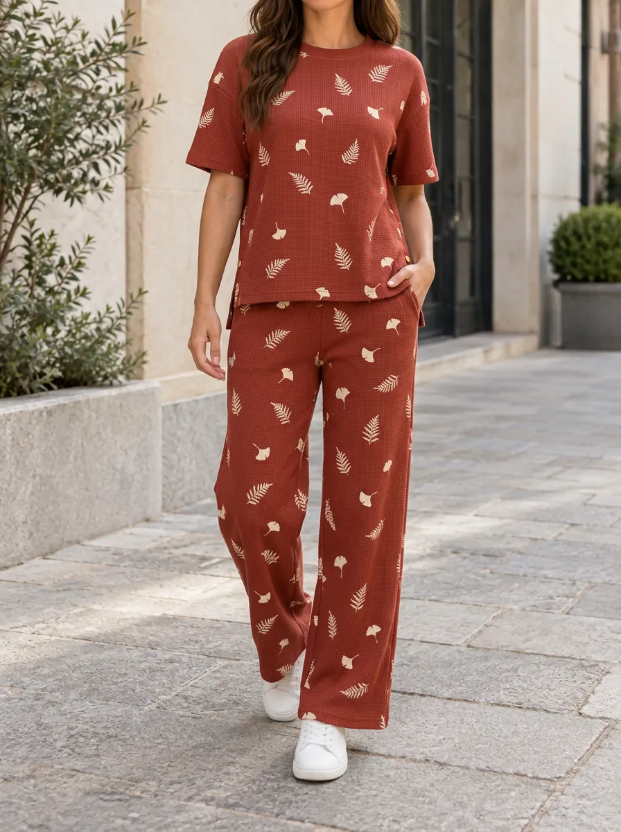 Women's Botanical Fern Ginkgo Leaf Printed Waffle Knit Two-Piece Set
