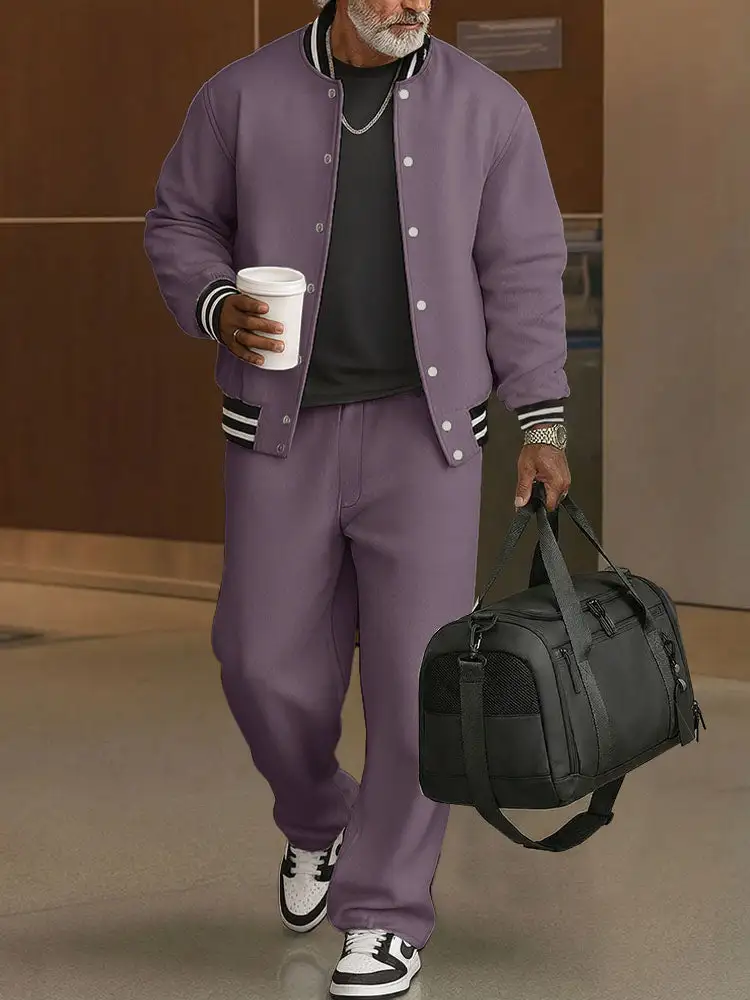 Casual Ribbed Trim Jacket Pants Set