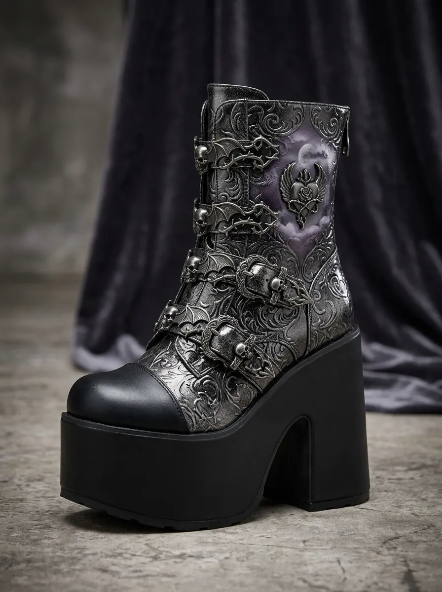 Mystic Skull Bat Wing Victorian Look Women's Gothic Platform Boots