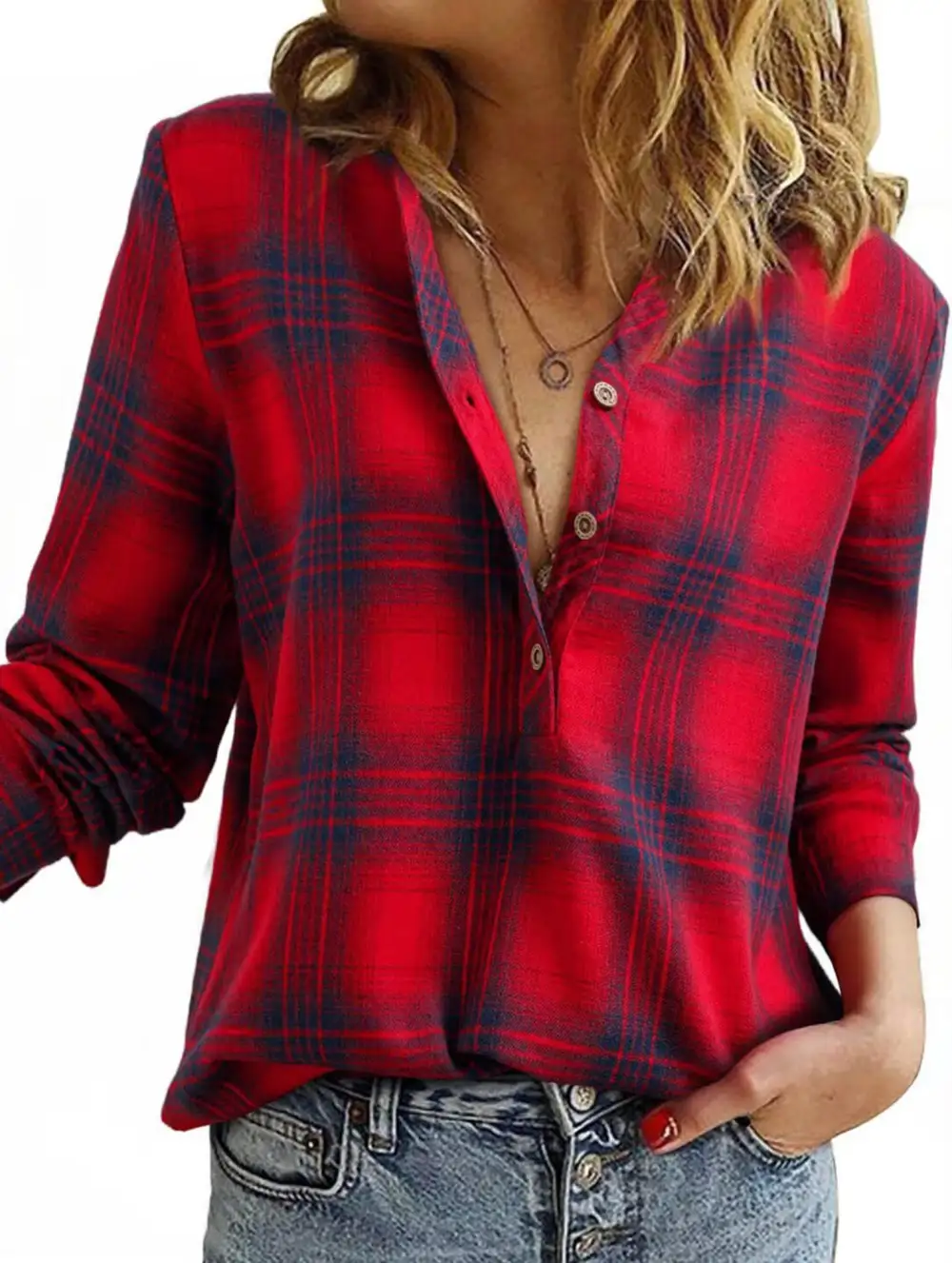 V Neck Plaid Button Shirt