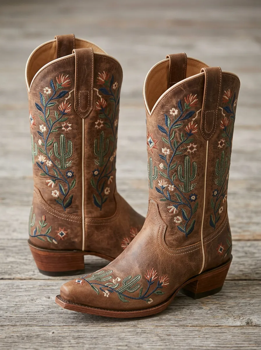 Desert Cactus Floral Embroidered Edit Unisex Western Cowboy Boots