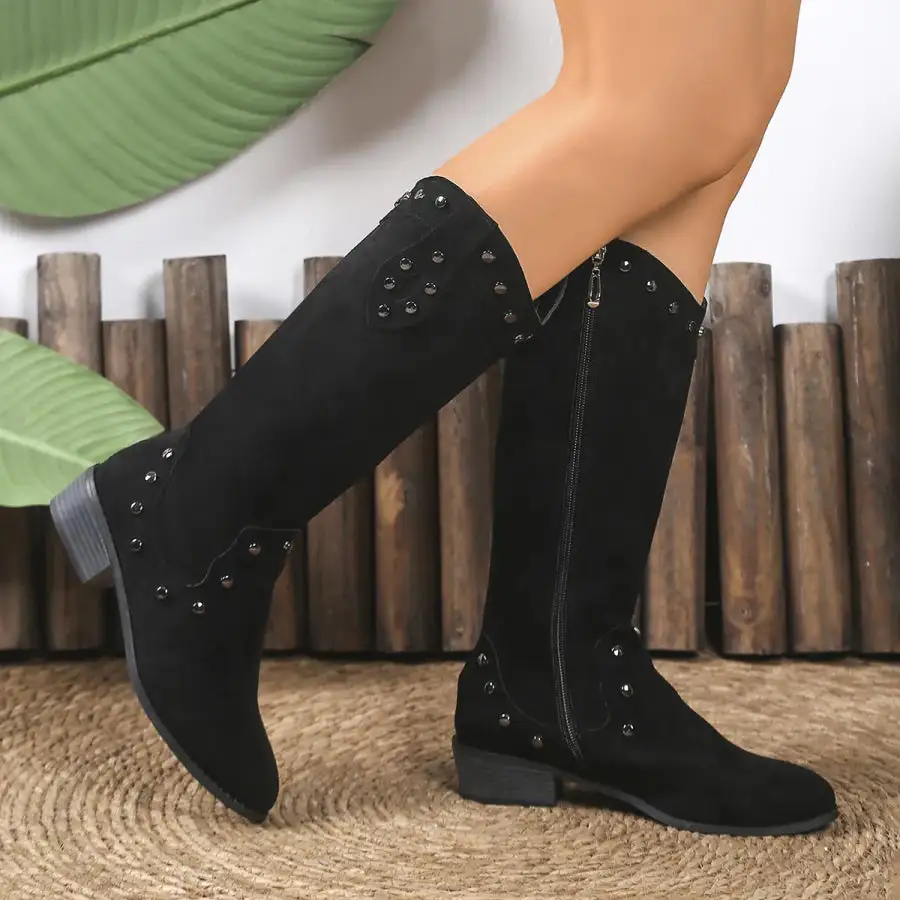 Studded Mid-calf Boots with Side Zipper Closure