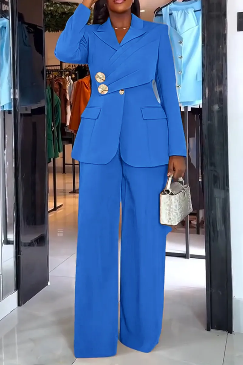 Women Collar Splicing Jacket+ Wide Leg Pants Temperament Commuting Formal Suit