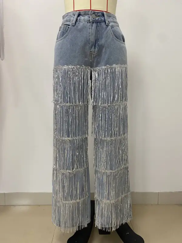 High-waist Fringe Detail Wide-leg Jeans