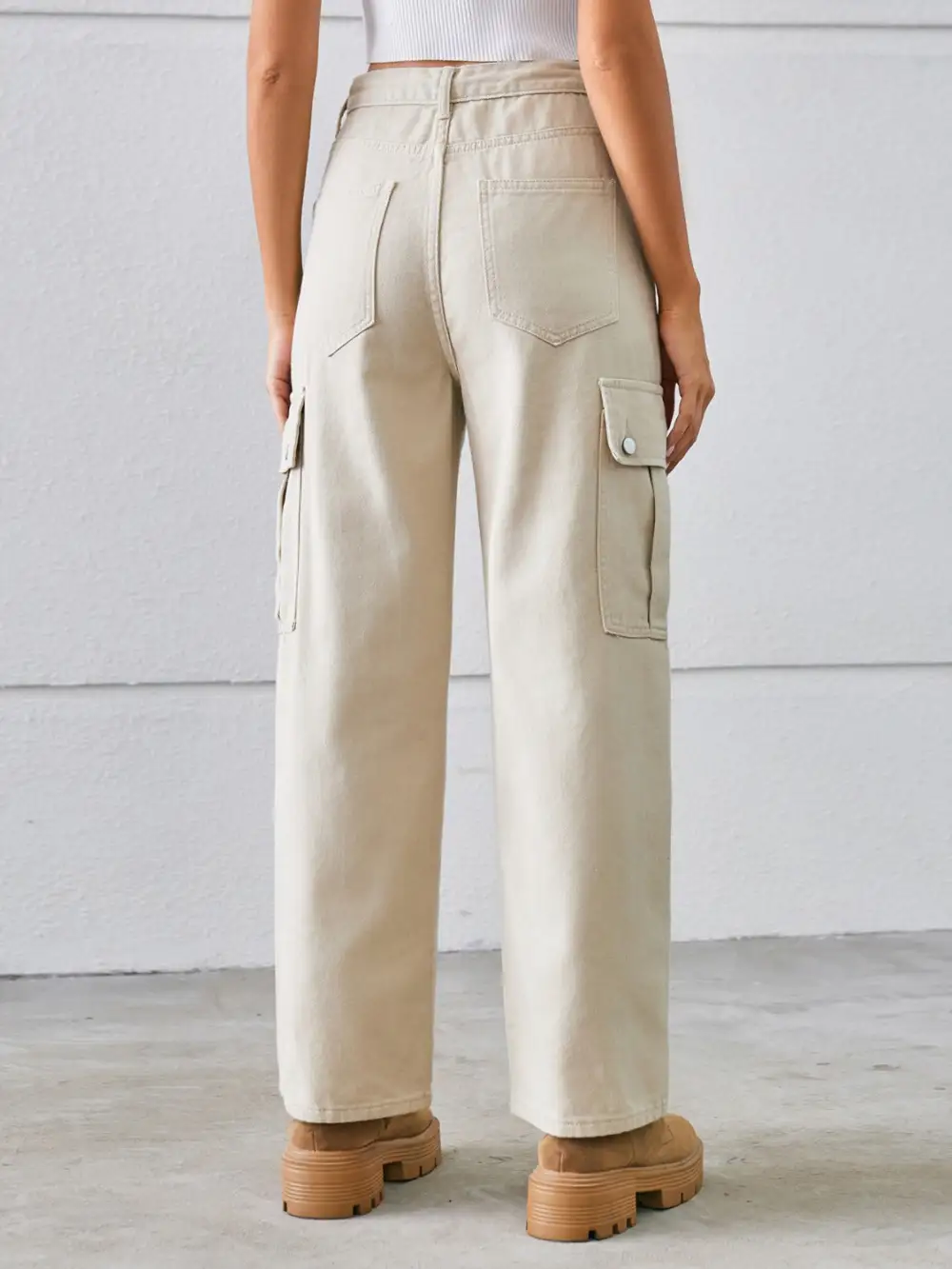 Drawstring Mid Rise Waist Straight Cargo Jeans