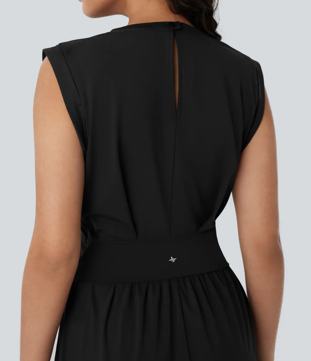SoftlyZero QuickDry Round Neck Sleeveless Keyhole Pocket Yoga Jumpsuit-Easy Peezy Edition