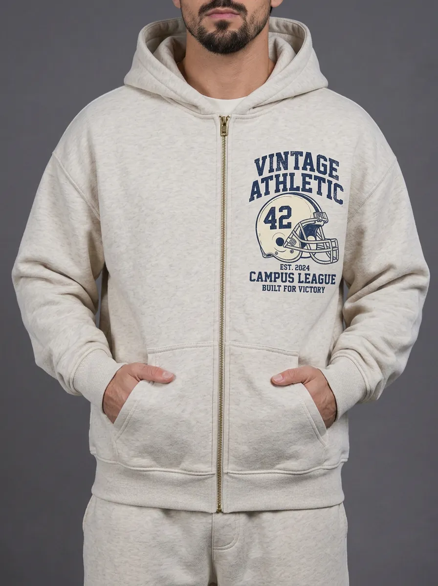 Men's Vintage Athletic Football Helmet Printed Zip-up Hoodie