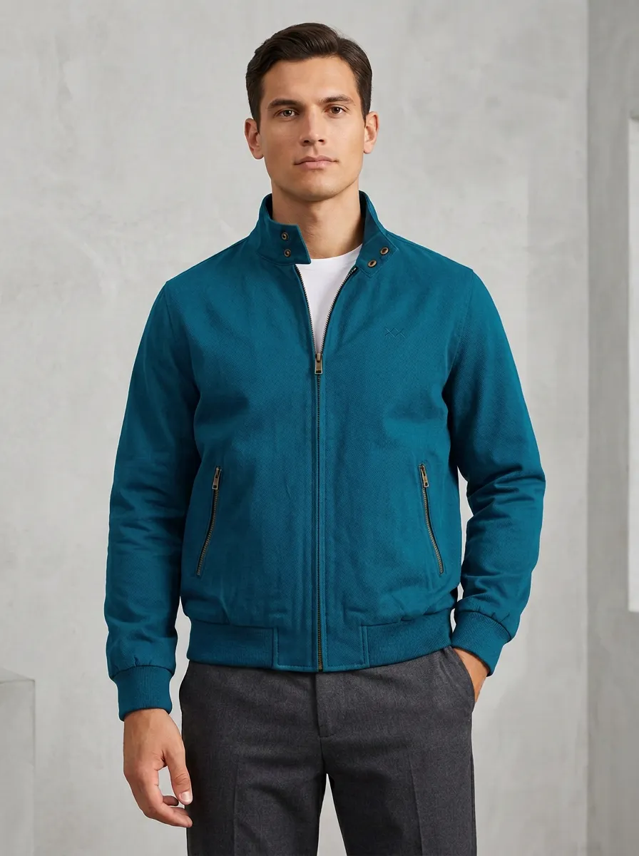 Men's Casual Minimalist Navy Blue Zip-Up Bomber Jacket