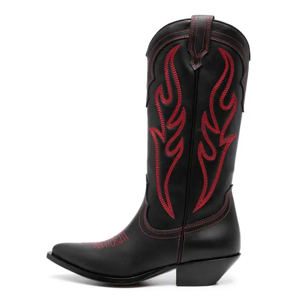 Faux-Leather Embroidered Pointed-Toe Chunky-Heel Mid-Calf Boots