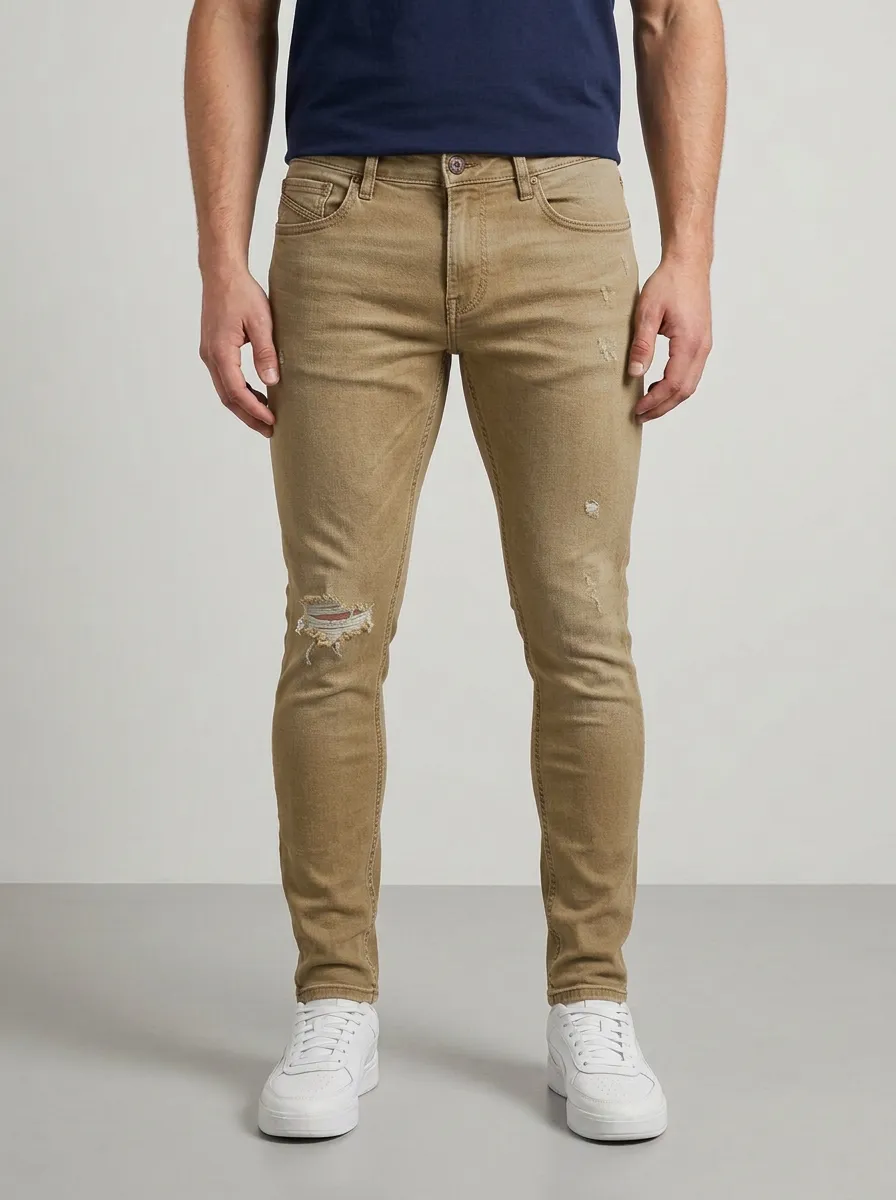 Men's Ridge Distressed Blue Denim Ripped Slim-Fit Jeans