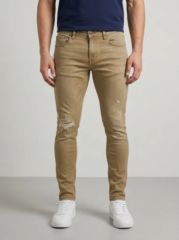Men's Ridge Distressed Blue Denim Ripped Slim-Fit Jeans