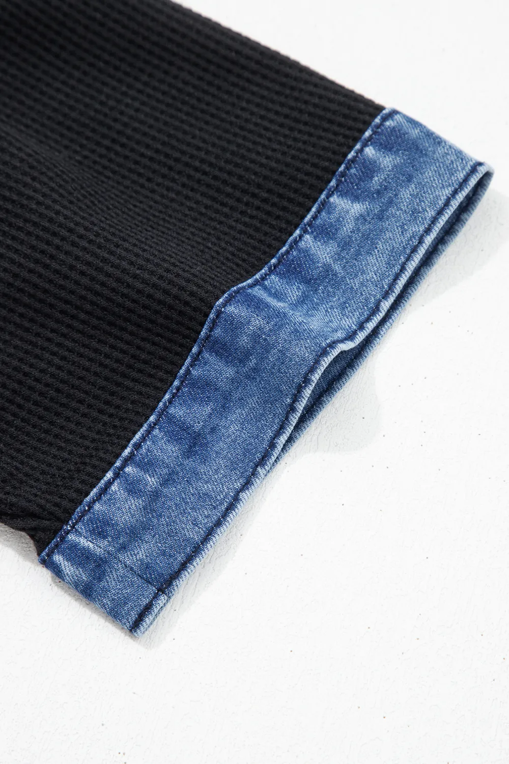 Black Waffle Knit Denim Contrast Top