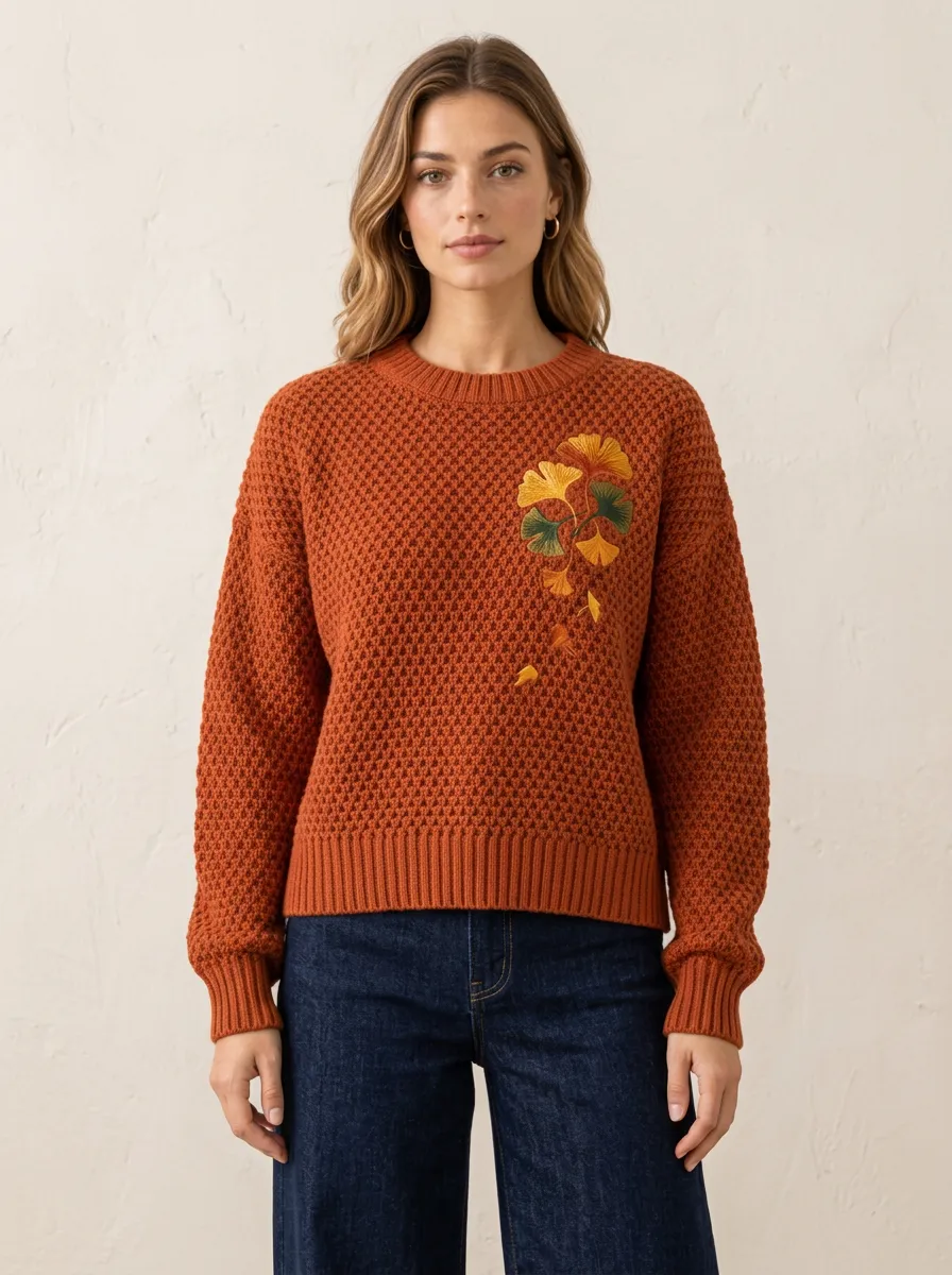 Women's Rust Embroidered Ginkgo Crewneck Sweater