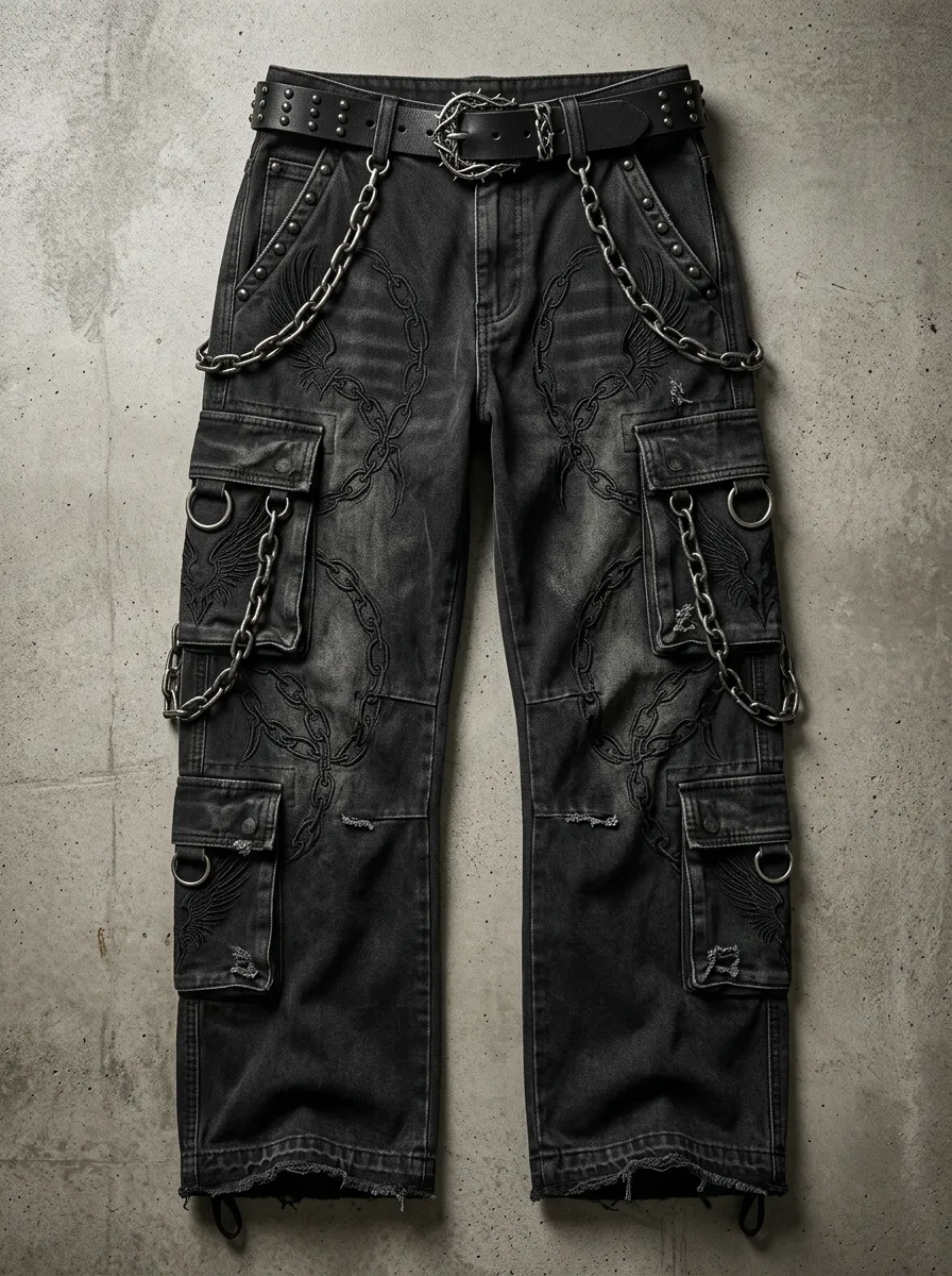 Shadow Wing Chain Embroidered Look Men's Gothic Cargo Pants