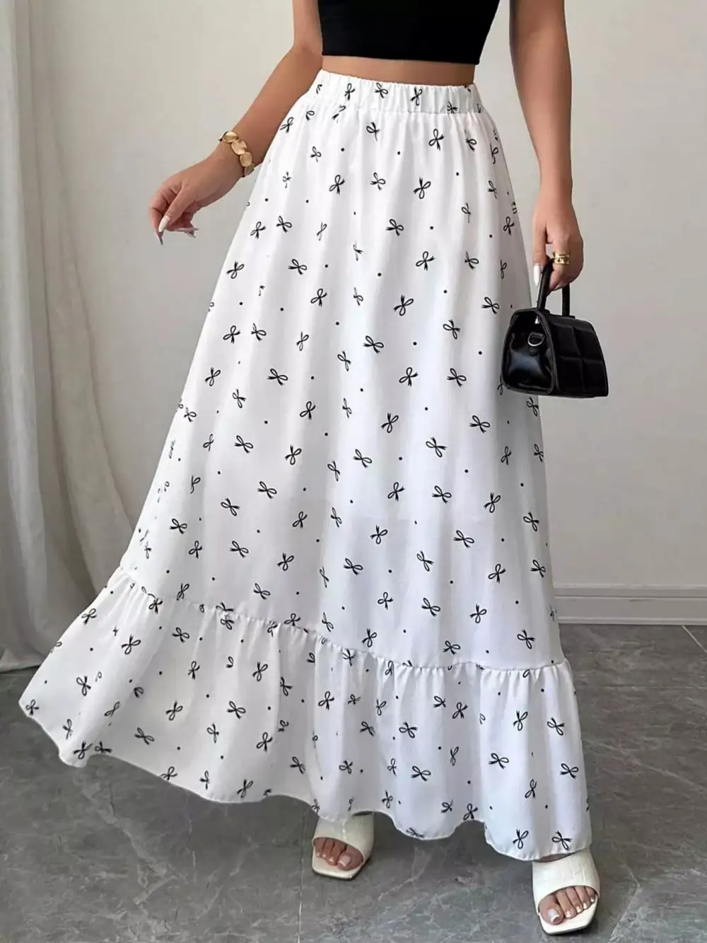 Bowknot Print Ruffle Hem Maxi Skirt