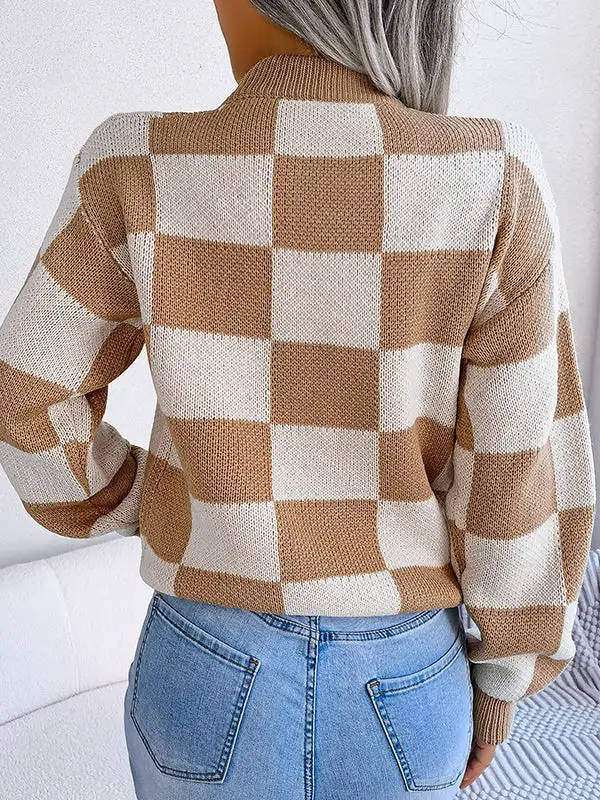 Plaid Round Neck Long Sleeve Relaxed Fit Sweater