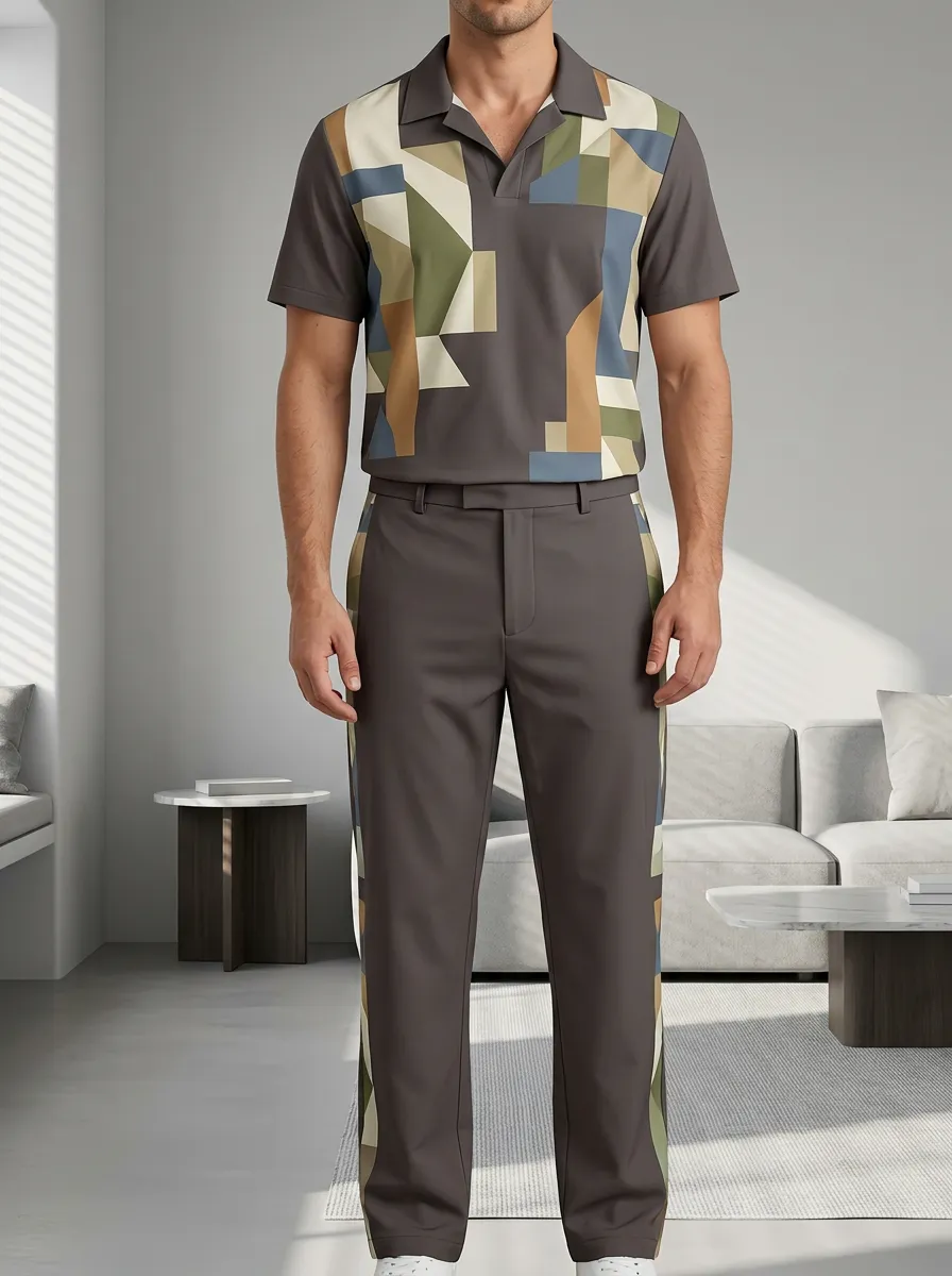 Men's Geometric Pattern Printed Casual Polo Shirt and Trousers Set