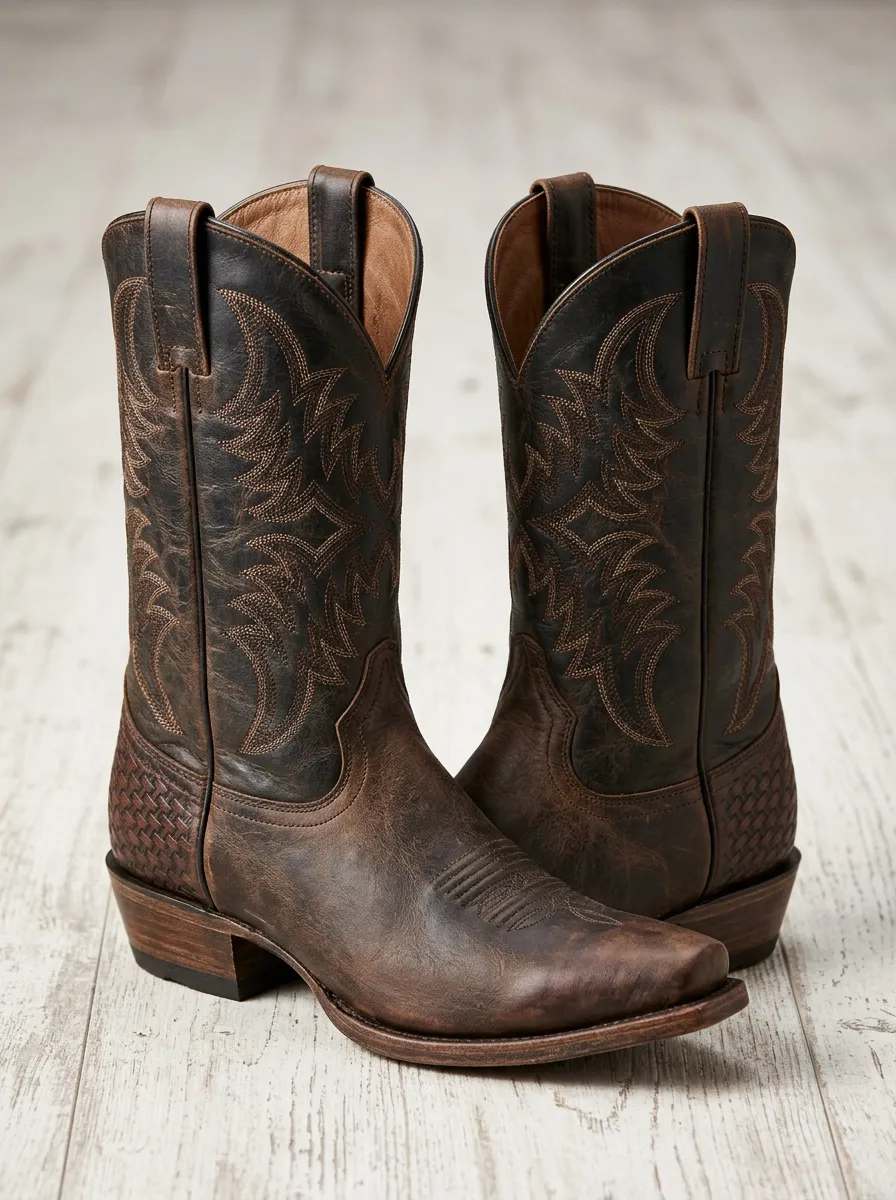 Vintage-Inspired Embroidered Distressed Leather-Look Detail Men's Western Cowboy Boots